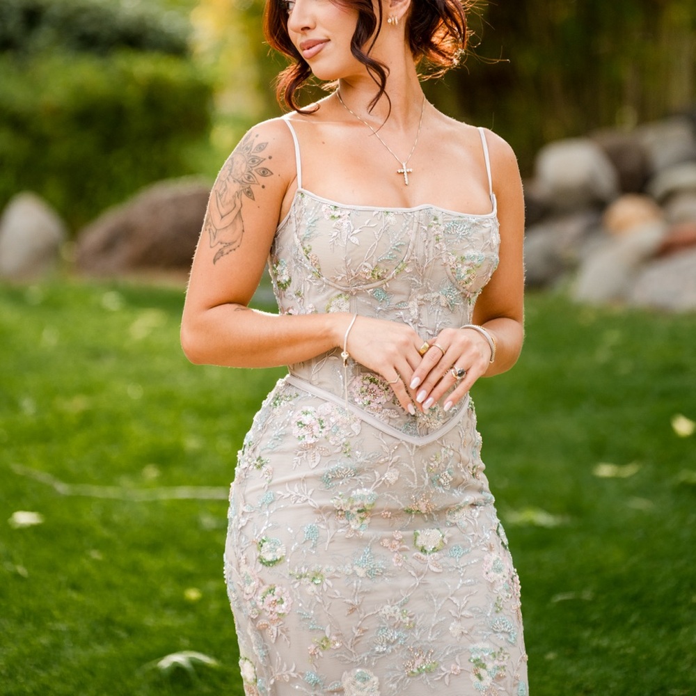 House of CB Green Pink Bodycon Dress Spaghetti Straps